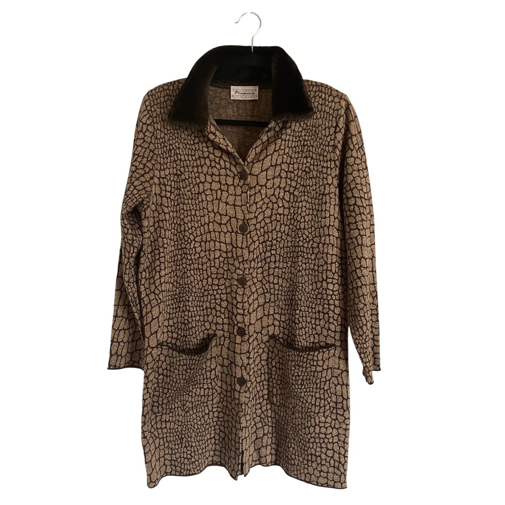 Prosperity Womens Brown Crocodile Print Faux Fur Collar Knit Cardigan Y2K‎ Small